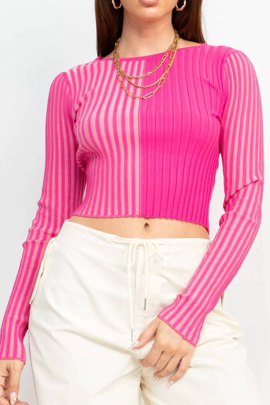 NEW SALTY two tone rib knit long sleeve crop top in pink